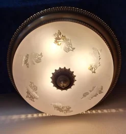 Online Pamono Flat Vintage Ceiling Lamp with Patinated Brass Frame and Partially Frosted Glass Shade