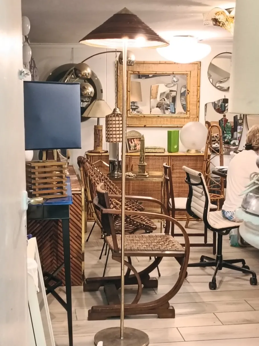 Clearance Pamono Floor Lamp in Brass and Rattan in the style of Paavo Tynell, Italy, 1960s