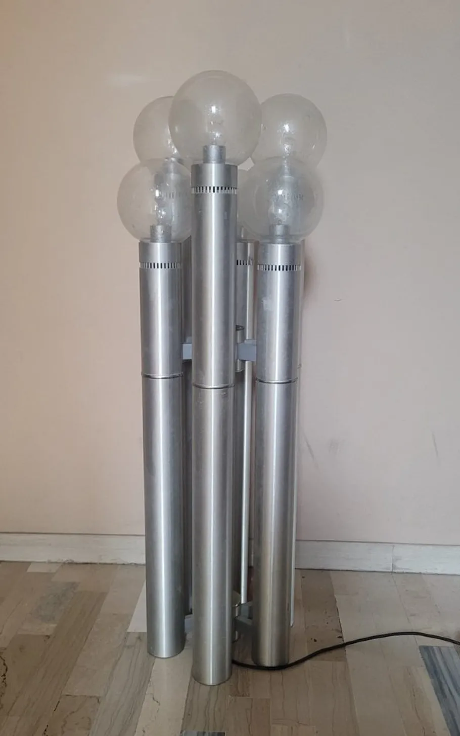 Best Pamono Floor Lamp in Brushed Aluminum Tubes and Murano Glass, Italy, 1970s