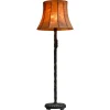 Outlet Pamono Floor Lamp in Hand-Carved Wood with Leather Shade, Early 20th Century