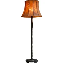 Outlet Pamono Floor Lamp in Hand-Carved Wood with Leather Shade, Early 20th Century