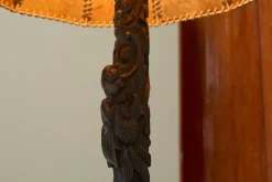 Outlet Pamono Floor Lamp in Hand-Carved Wood with Leather Shade, Early 20th Century