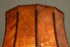 Outlet Pamono Floor Lamp in Hand-Carved Wood with Leather Shade, Early 20th Century