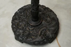 Outlet Pamono Floor Lamp in Hand-Carved Wood with Leather Shade, Early 20th Century