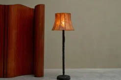 Outlet Pamono Floor Lamp in Hand-Carved Wood with Leather Shade, Early 20th Century