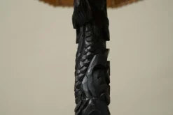 Outlet Pamono Floor Lamp in Hand-Carved Wood with Leather Shade, Early 20th Century