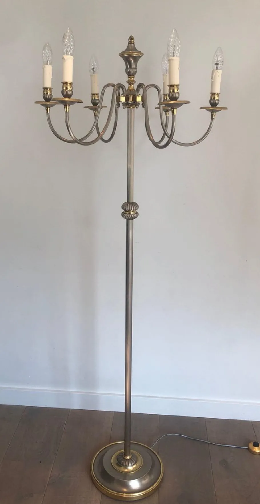 Sale Pamono Floor Lamp in Silver Metal and Brass with 6 Arms, 1920s