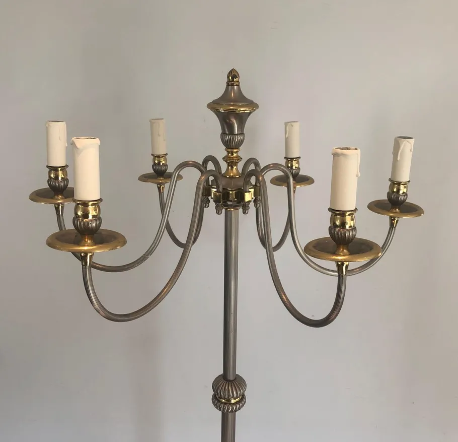 Sale Pamono Floor Lamp in Silver Metal and Brass with 6 Arms, 1920s