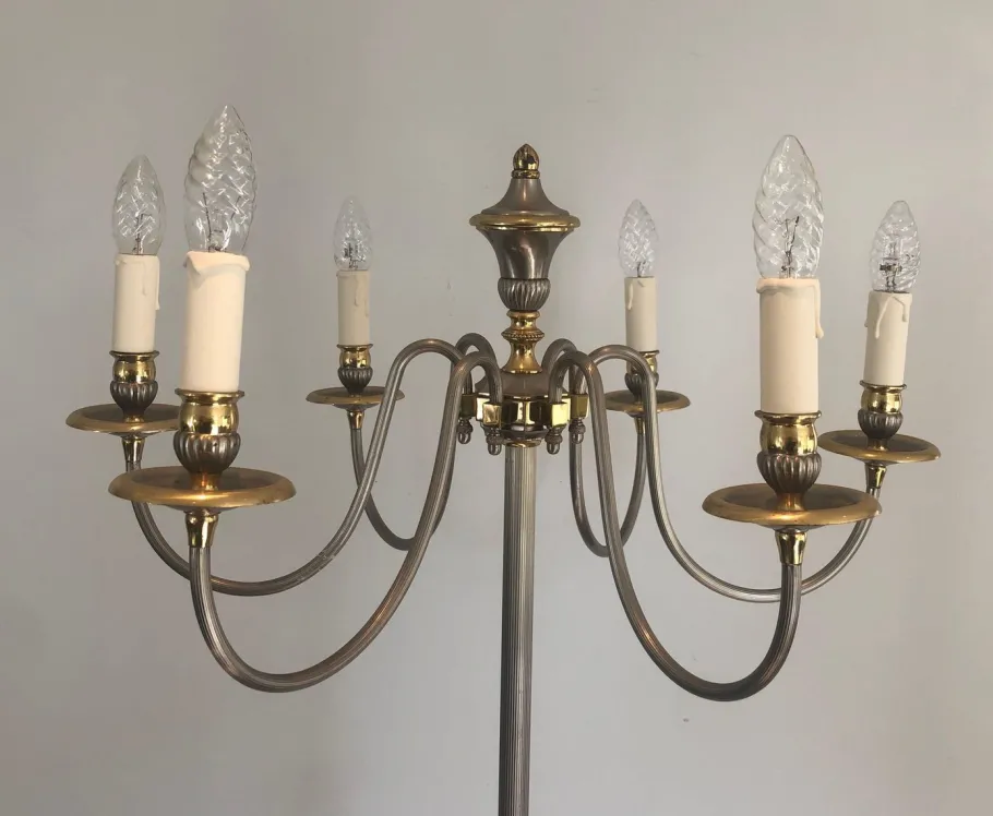 Sale Pamono Floor Lamp in Silver Metal and Brass with 6 Arms, 1920s