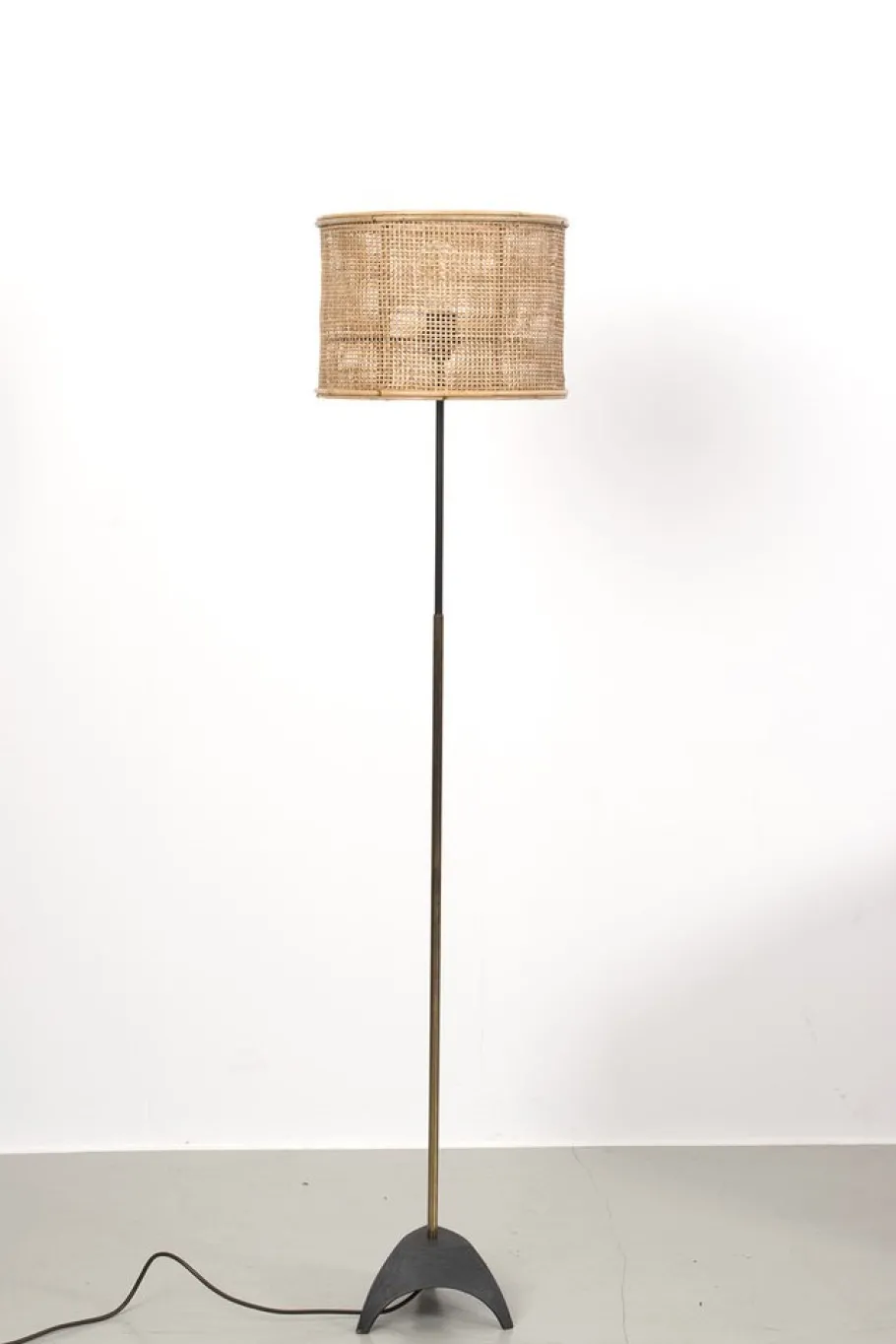 New Pamono Floor Lamp with New Rattan Shade, 1950s