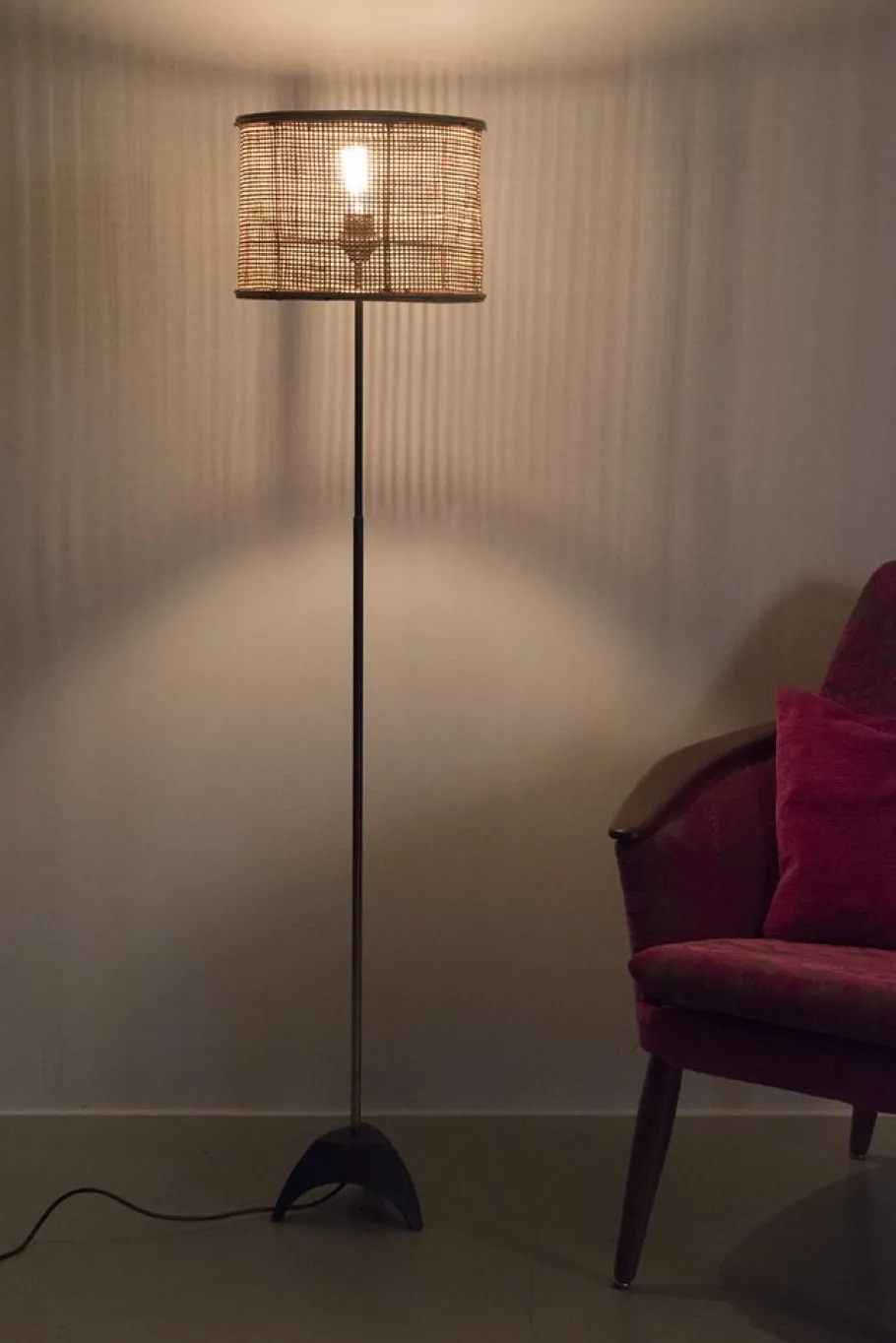 New Pamono Floor Lamp with New Rattan Shade, 1950s