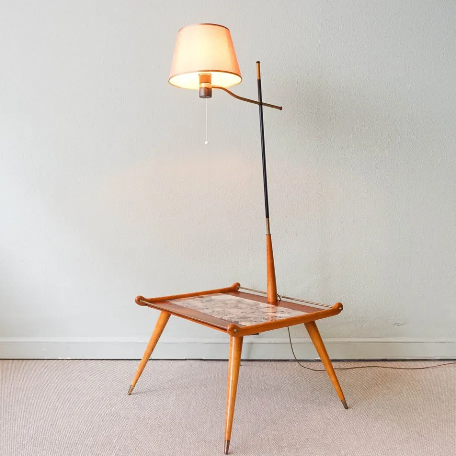 New Pamono Floor Lamp with Side Table in Ash Wood