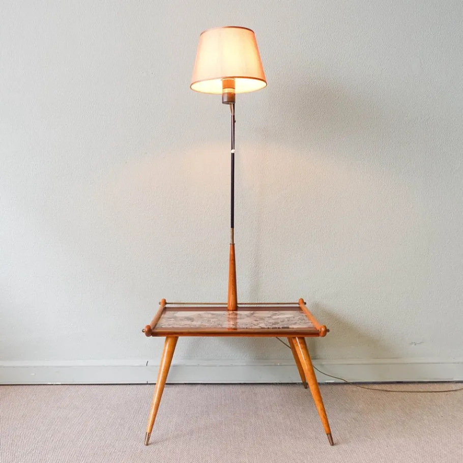 New Pamono Floor Lamp with Side Table in Ash Wood