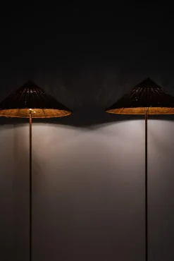 Online Pamono Floor Lamps in Brass, Cane and Rattan Shades attributed to Paavo Tynell, 1950s, Set of 2