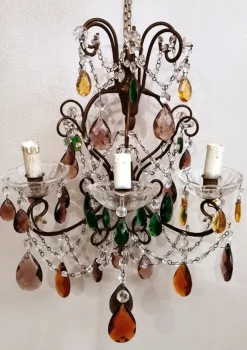 Discount Pamono Florentine Gilded Iron & Faceted Glass Chandelier with Colored Crystal Drops, 1946