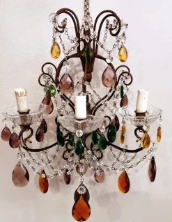 Discount Pamono Florentine Gilded Iron & Faceted Glass Chandelier with Colored Crystal Drops, 1946