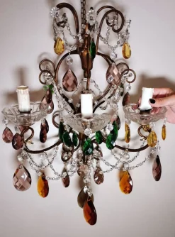Discount Pamono Florentine Gilded Iron & Faceted Glass Chandelier with Colored Crystal Drops, 1946