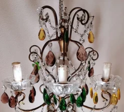 Discount Pamono Florentine Gilded Iron & Faceted Glass Chandelier with Colored Crystal Drops, 1946