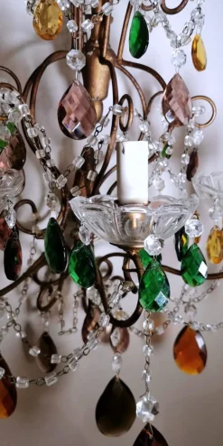 Discount Pamono Florentine Gilded Iron & Faceted Glass Chandelier with Colored Crystal Drops, 1946
