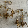 Best Pamono Florentine Gilt Wall Sconces with Glass Ivy Leaves, 1970s, Set of 2