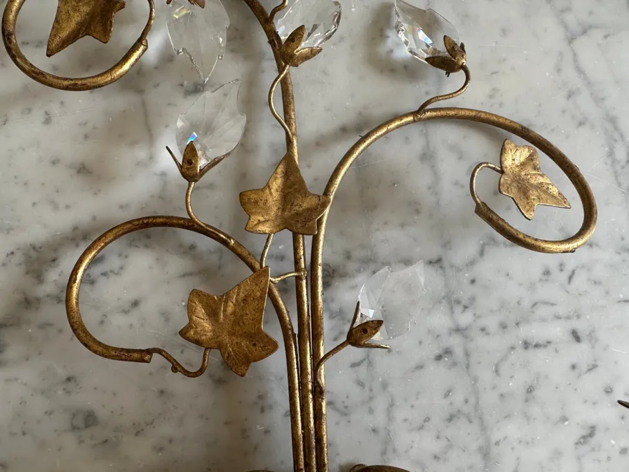 Best Pamono Florentine Gilt Wall Sconces with Glass Ivy Leaves, 1970s, Set of 2