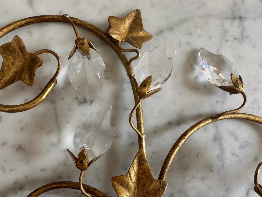 Best Pamono Florentine Gilt Wall Sconces with Glass Ivy Leaves, 1970s, Set of 2