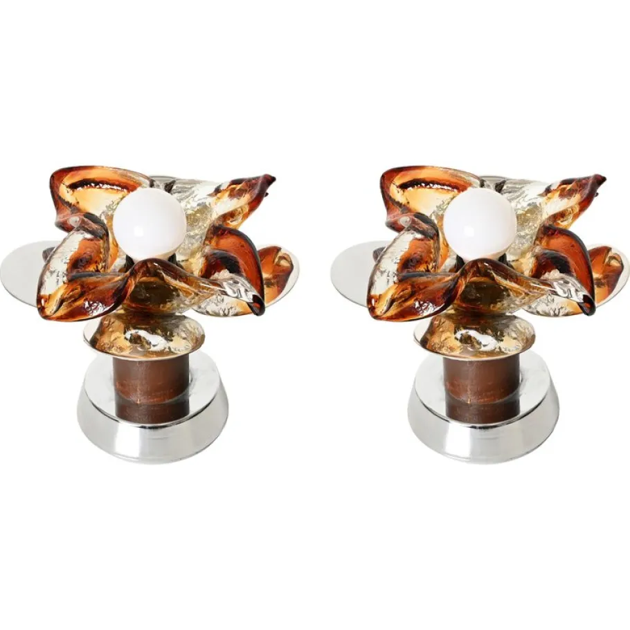 Clearance Pamono Flower Murano Glass Table Lamps in Chrome and Leather from Mazzega, 1970s, Set of 2