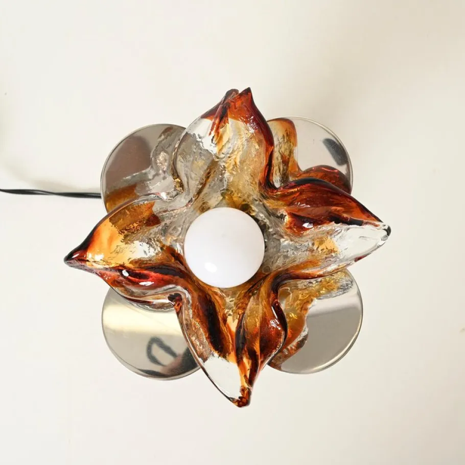 Clearance Pamono Flower Murano Glass Table Lamps in Chrome and Leather from Mazzega, 1970s, Set of 2