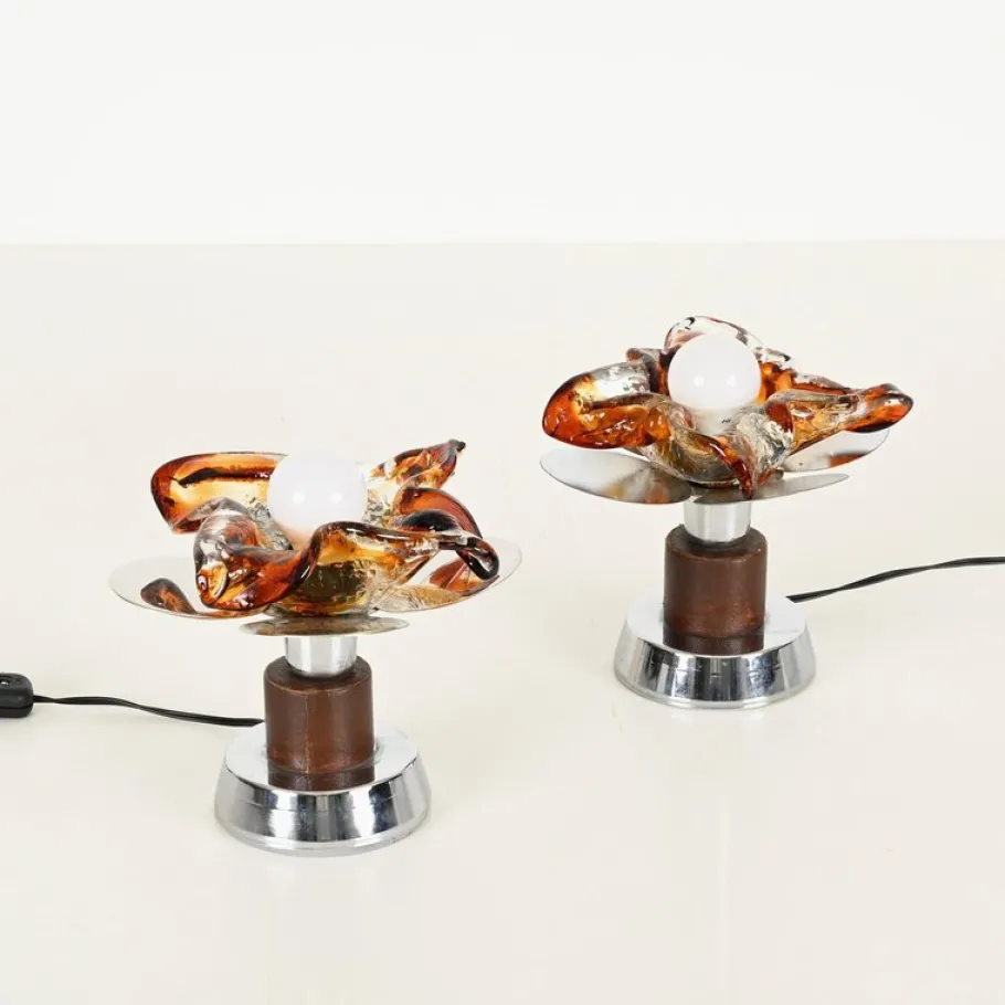Clearance Pamono Flower Murano Glass Table Lamps in Chrome and Leather from Mazzega, 1970s, Set of 2