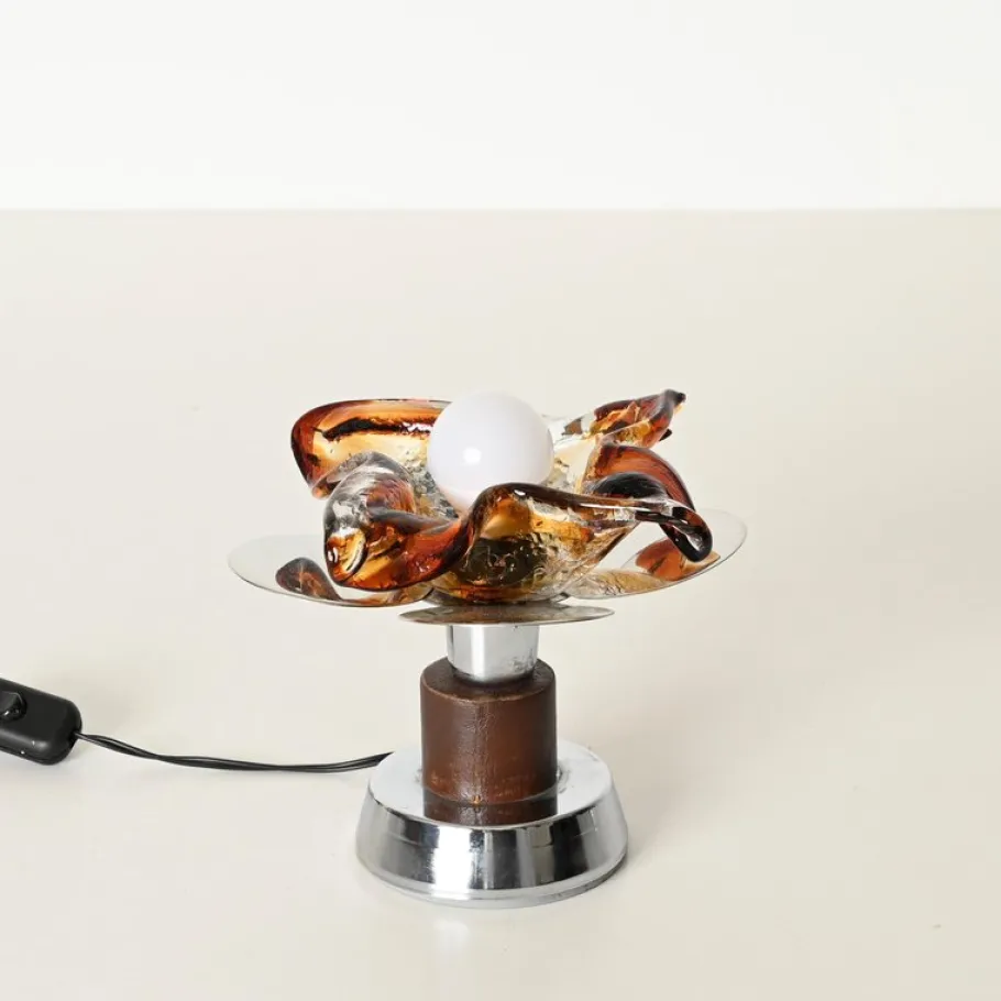 Clearance Pamono Flower Murano Glass Table Lamps in Chrome and Leather from Mazzega, 1970s, Set of 2