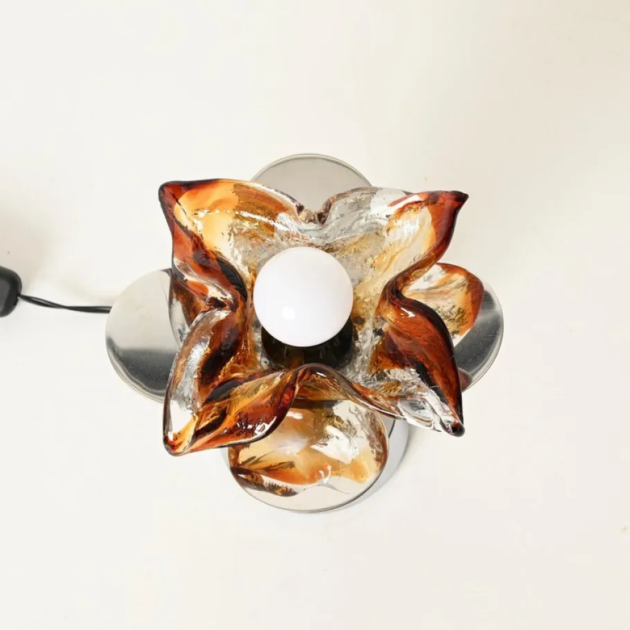 Clearance Pamono Flower Murano Glass Table Lamps in Chrome and Leather from Mazzega, 1970s, Set of 2