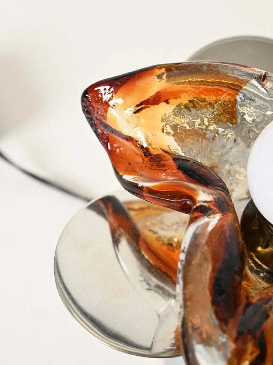 Clearance Pamono Flower Murano Glass Table Lamps in Chrome and Leather from Mazzega, 1970s, Set of 2