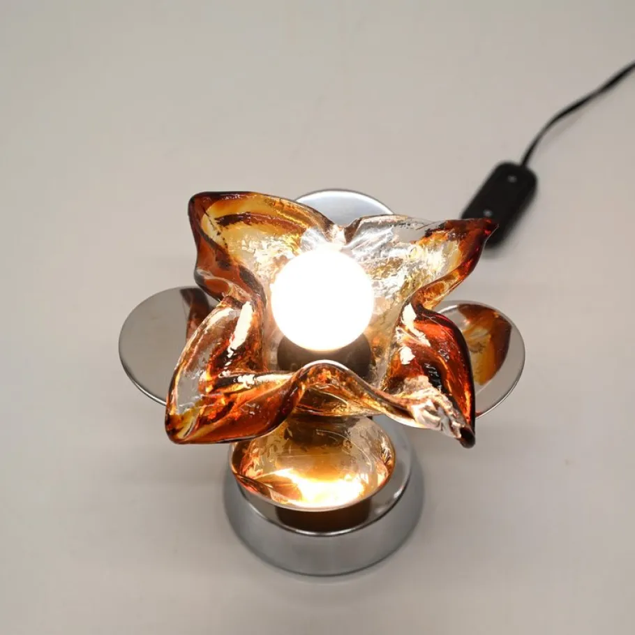 Clearance Pamono Flower Murano Glass Table Lamps in Chrome and Leather from Mazzega, 1970s, Set of 2