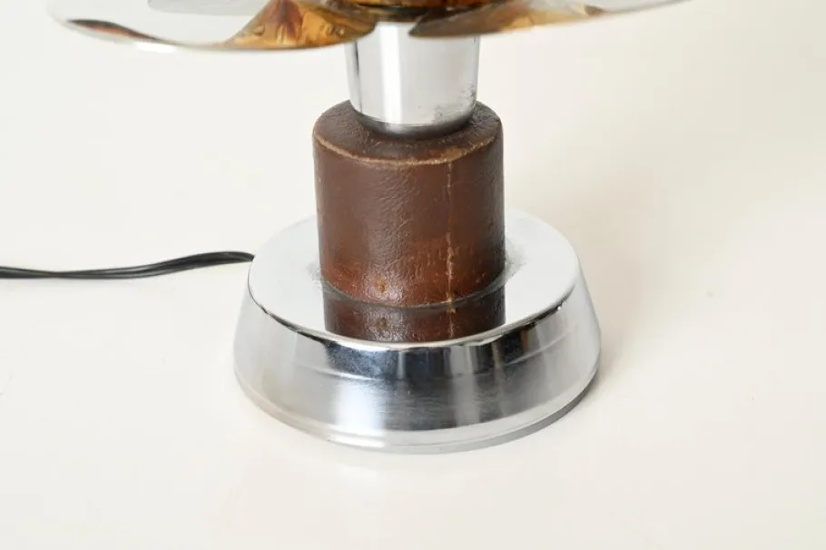 Clearance Pamono Flower Murano Glass Table Lamps in Chrome and Leather from Mazzega, 1970s, Set of 2