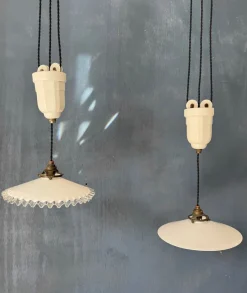 New Pamono French Art Deco Ajustable Pendant Light in Ceramic with Opaline Glass Shade, 1925