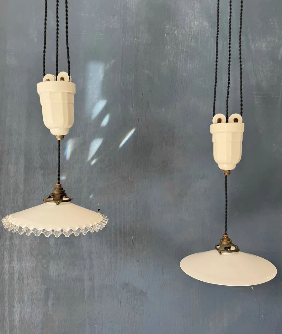New Pamono French Art Deco Ajustable Pendant Light in Ceramic with Opaline Glass Shade, 1925