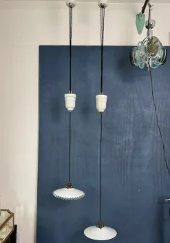 New Pamono French Art Deco Ajustable Pendant Light in Ceramic with Opaline Glass Shade, 1925