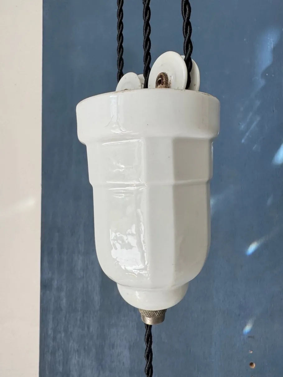 New Pamono French Art Deco Ajustable Pendant Light in Ceramic with Opaline Glass Shade, 1925