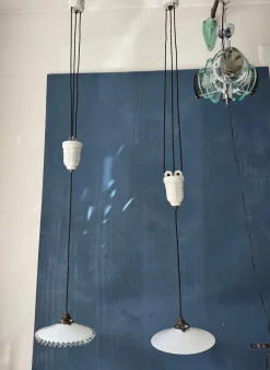 New Pamono French Art Deco Ajustable Pendant Light in Ceramic with Opaline Glass Shade, 1925