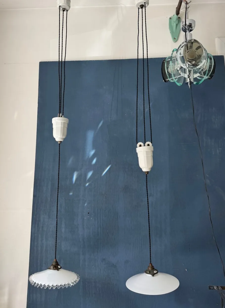 New Pamono French Art Deco Ajustable Pendant Light in Ceramic with Opaline Glass Shade, 1925