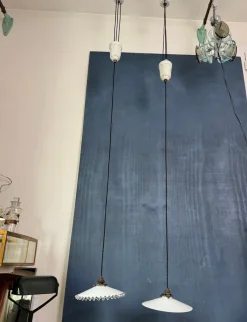 New Pamono French Art Deco Ajustable Pendant Light in Ceramic with Opaline Glass Shade, 1925