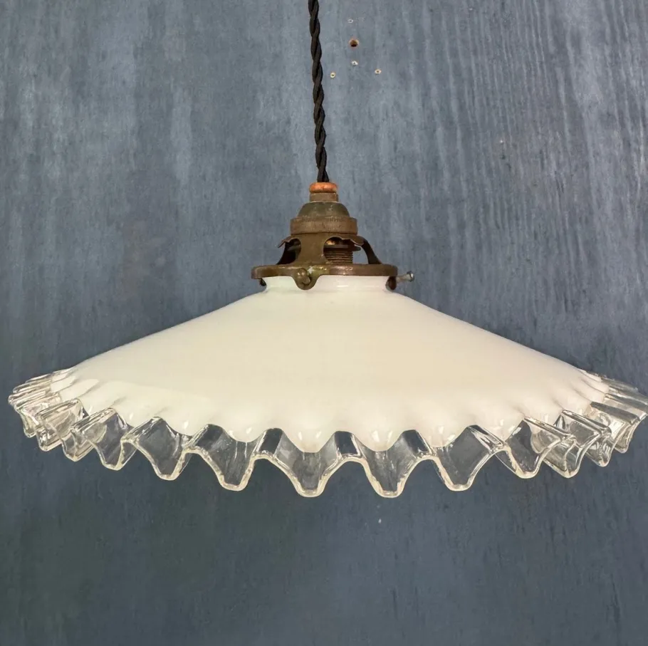 New Pamono French Art Deco Ajustable Pendant Light in Ceramic with Opaline Glass Shade, 1925