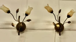 Discount Pamono French Art Deco Amber Glass and Toleware Gilded Wall Lights, 1960s, Set of 2