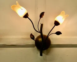 Discount Pamono French Art Deco Amber Glass and Toleware Gilded Wall Lights, 1960s, Set of 2
