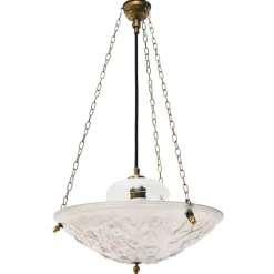Hot Pamono French Art Deco Brass and Etched Glass Pendant Light, 1920s