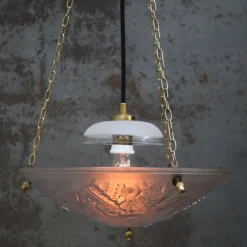 Hot Pamono French Art Deco Brass and Etched Glass Pendant Light, 1920s