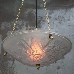 Hot Pamono French Art Deco Brass and Etched Glass Pendant Light, 1920s