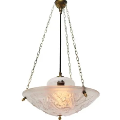 Hot Pamono French Art Deco Brass and Etched Glass Pendant Light, 1920s