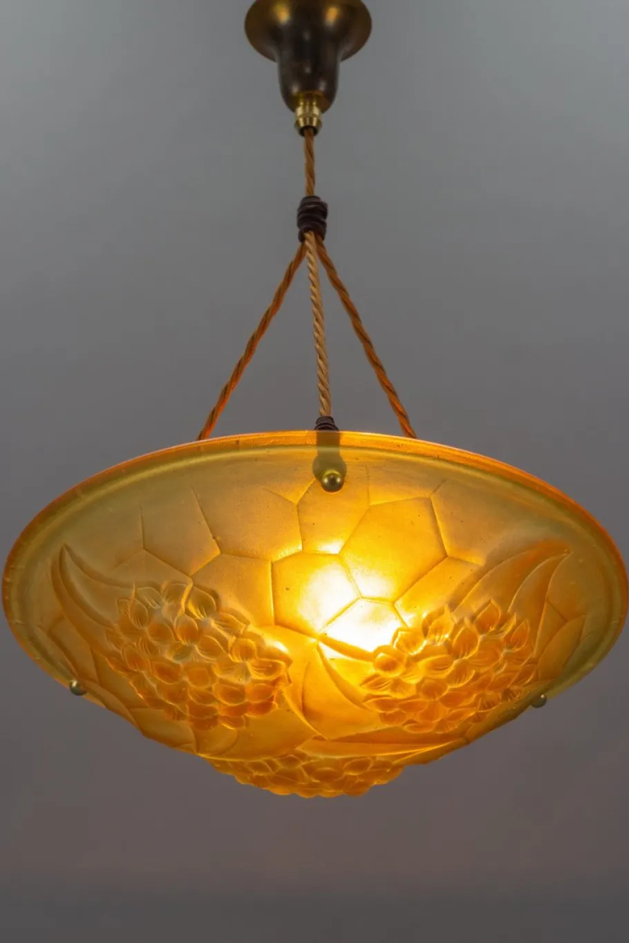 Discount Pamono French Art Deco Frosted Amber Colored Pendant Light from ROS, 1930s