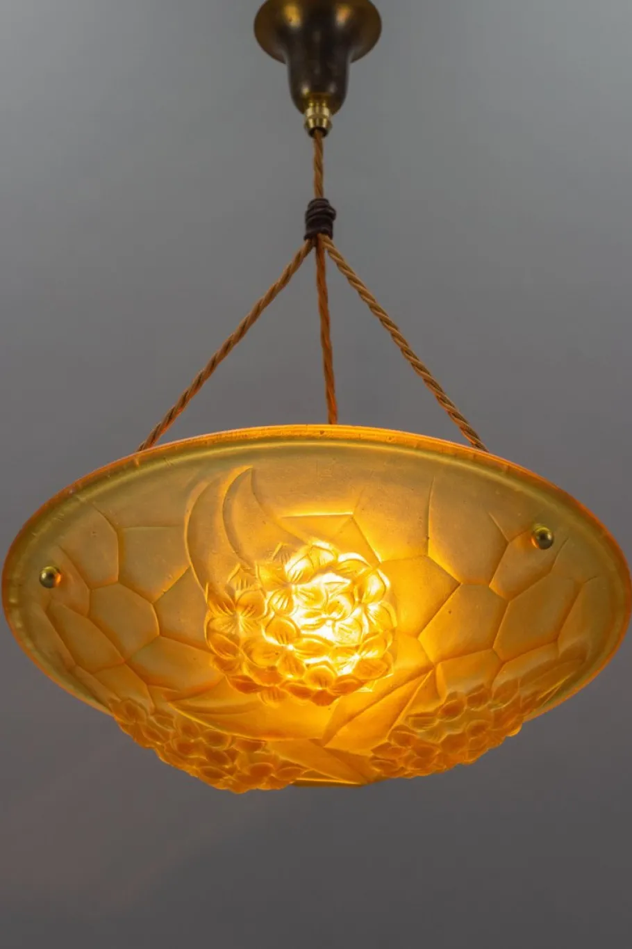 Discount Pamono French Art Deco Frosted Amber Colored Pendant Light from ROS, 1930s
